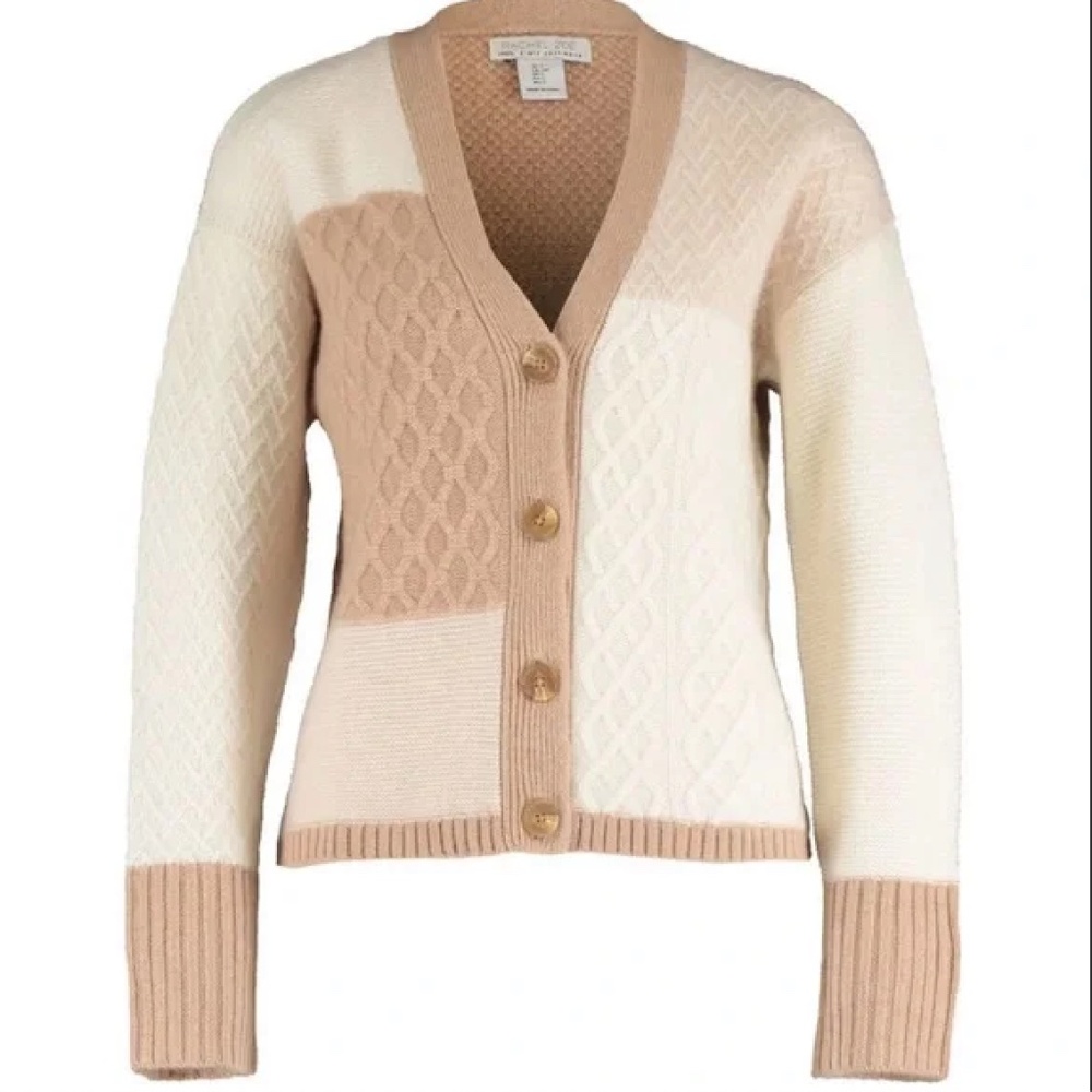✨ Rachel Zoe 100% 2-ply Cashmere Textured Patchwork Knit Preppy Cardigan ✨